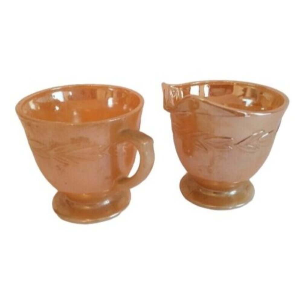 Fire King Peach Laurel Leaf Lusterware Creamer and Sugar Bowl Fire King by Ancho